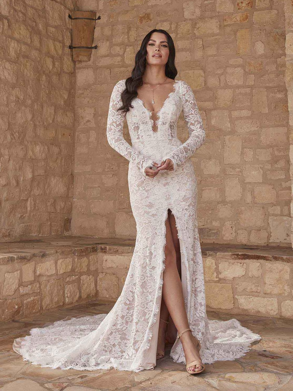 NWT Madi Lane Posie Lace Long-Sleeve V-Neck Bridal Dress in Ivory size 14